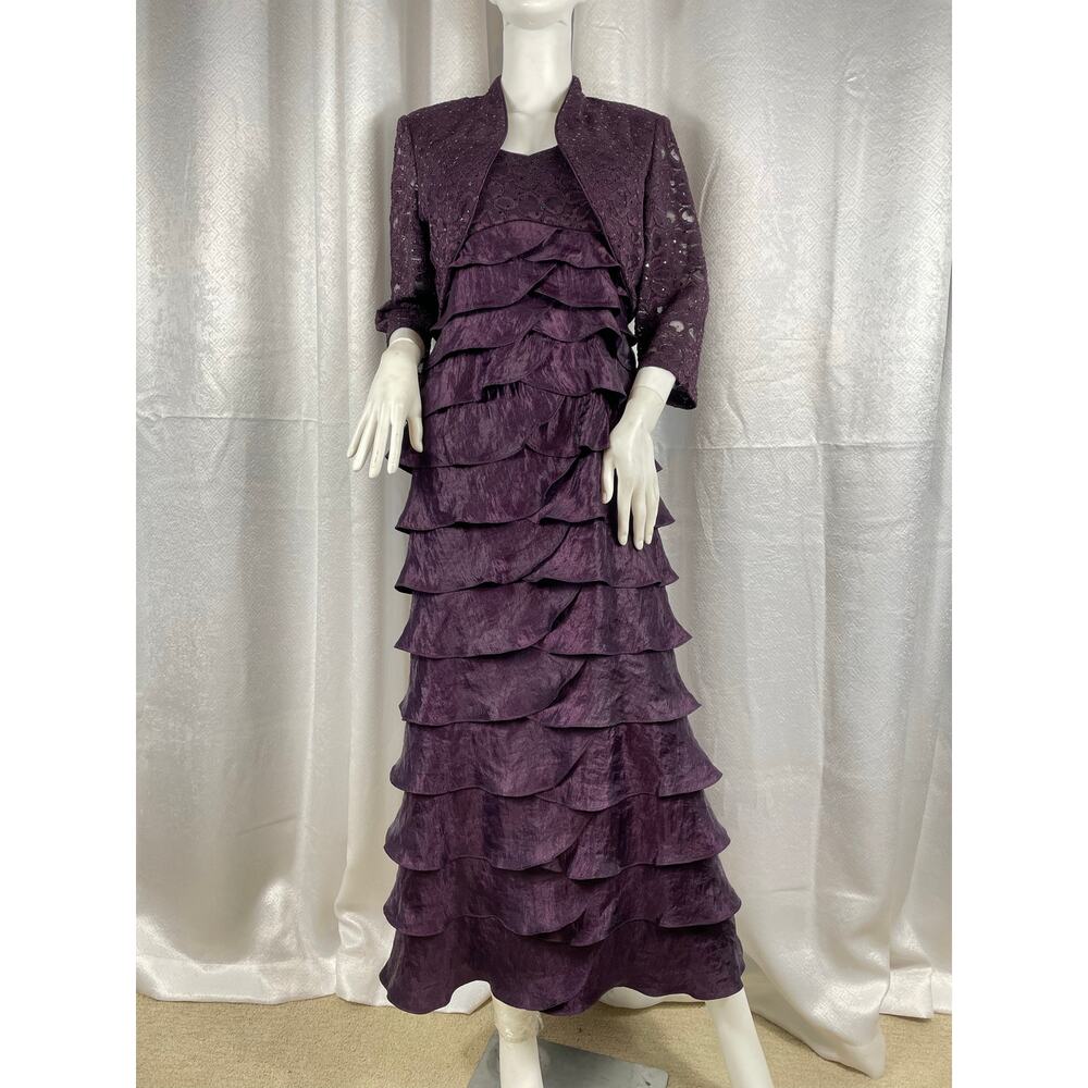 🔥R&M Richards Purple Eggplant Tiered Sequin Evening Formal Evening Party Dress